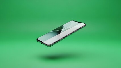 Floating smartphone with a green screen and shadow, captured in a studio with cinematic lighting and a vibrant green background.