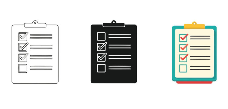 Clipboard Checklists Design Vector Set in Three Styles &mdash; Line Art, Silhouette and Color Version for Islamic Design, App UI, Posters and Branding