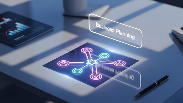A futuristic digital interface with a glowing network diagram on a desk - Powered by Adobe