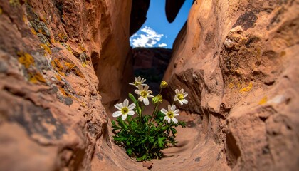 Delicate White Flowers Bloom in a Narrow Rocky Crevice.