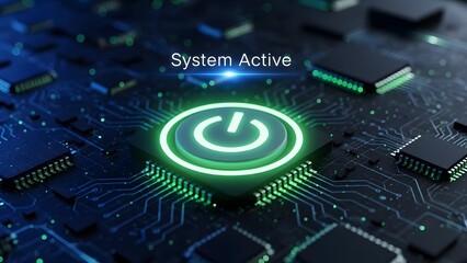 Glowing power button on circuit board with system active text