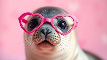Fototapeta premium a seal wearing heart shape glasses in a pink valentine's day color background