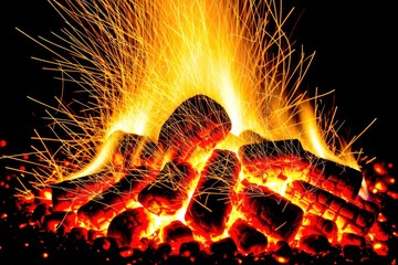Vibrant Flames and Sparks Emanating from a Charcoal Fire