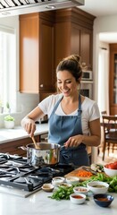 A woman in a blue apron stirs a pot on a gas stove in a modern kitchen with various ingredients and utensils around her.