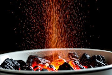 Burning Charcoal and Red Ashes in a Bowl with Sparks