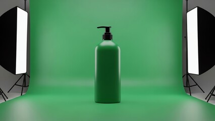 A green plastic bottle with a black pump dispenser sits on a green floor and background, illuminated by softbox lights on either side in a studio setting.