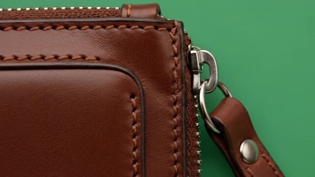 Close up of a rich brown leather wallet with a zipper and strap on a green background.