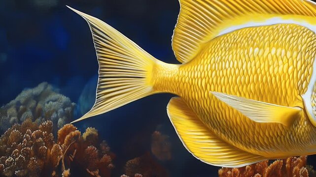 Golden fish with detailed scales against a blue reef backdrop