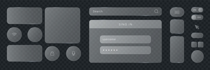 Liquid glass button interface, light frame banner set, glass panel for mobile and web app, tech board frame in futuristic style. HUD element interface with glow effect, vector illustration. 