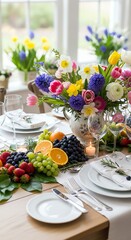 Warmly lit table setting with a vibrant floral centerpiece, fresh fruit, and elegant place settings on a wooden table in a bright dining room.