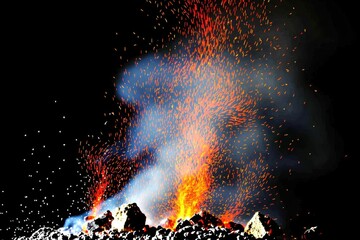 Eruption of Molten Lava and Sparks Against Dark Background