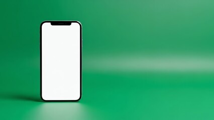 A smartphone with a white screen on a green background, casting a shadow, with a subtle gradient effect and a clean minimalist setup.