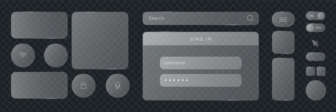 Liquid glass button interface, light frame banner set, glass panel for mobile and web app, tech board frame in futuristic style. HUD element interface with glow effect, vector illustration. 