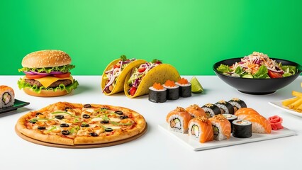 Variety of fast food dishes including pizza, sushi, tacos, burger, and salad on a white table against a green background.