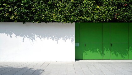 Modern White and Green Wall with Lush Greenery and Shadow Play.