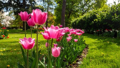 Close-up of vibrant pink tulips blossoming in a lush garden