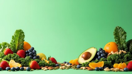 Vibrant arrangement of assorted fruits and vegetables on a green background with a variety of nuts and seeds scattered around.