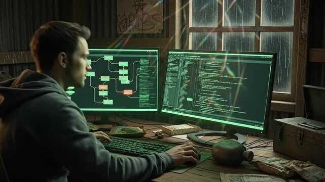 Hacker working on computer with multiple monitors displaying code.
