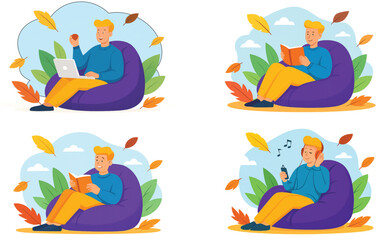 Fototapeta premium Cozy Autumn Lifestyle Illustration Set – Relaxing Outdoor Activities with Laptop, Book, Music, and Nature Vibes in Colorful Seasonal Panels, Perfect for Creative Projects, Branding, and Social Media