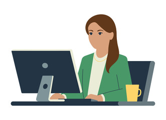 Focused woman working diligently on a computer at her desk, with a coffee mug nearby.