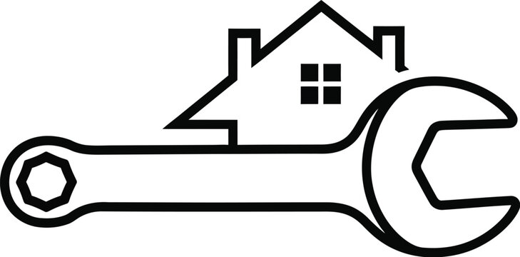 Simple black and white line art logo symbolizing home repair maintenance plumbing or general contracting services perfectly isolated.