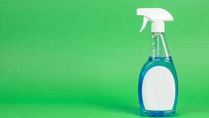 A transparent blue spray bottle with a white label and nozzle against a green background.