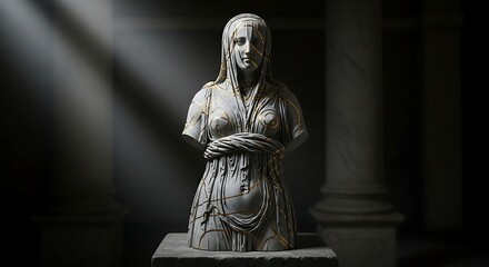 Ancient stone statue of woman with drapery against dark background