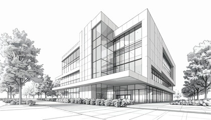 Perspective sketch of a modern office building