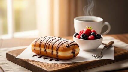 A chocolate-topped pastry and a steaming cup of coffee with mixed berries on a wooden tray near a window with warm natural light.