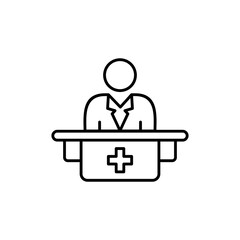 Medical professional giving a speech at a conference with a podium featuring a cross, ideal for medical or religiousthemed designs.