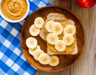 Delicious peanut butter banana toast on wooden plate for breakfast