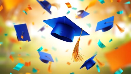 A blue and orange graduation cap soars through the air, symbolizing student achievement, academic success, celebration, and accomplishment at college or university commencement ceremonies.