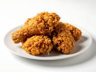 Crispy fried chicken pieces on a white plate isolated on white background