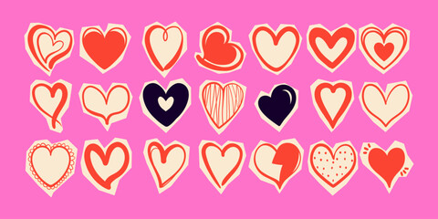Hand Drawn Heart Icon Set. Sweet Doodle Drawings of flat nubes symbols isolated on pink background. Romance and love signs perfect for wedding, Valentines Day cards, romantic posters, logo