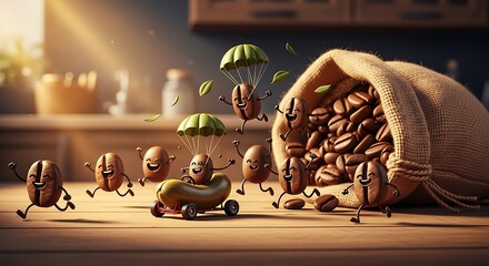 Animated coffee beans with parachutes and smiles on wooden surface