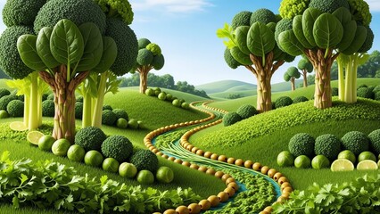 Whimsical illustration of a winding vegetable-lined path through a lush green landscape with trees and bushes under a blue sky with white clouds.