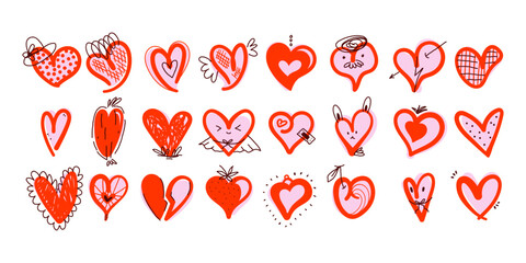 Hand Drawn Red Heart Icon Set. Sweet Doodle Drawings of flat nubes symbols isolated on white background. Romance and love signs perfect for wedding, Valentines Day cards, romantic posters, logo