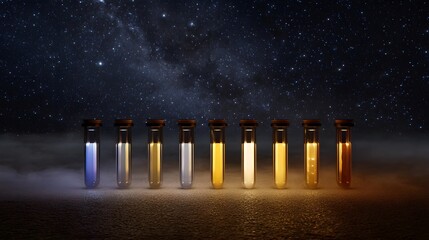 Colorful glowing liquids in test tubes arranged in a row under a vast starry night sky with a mystical misty atmosphere