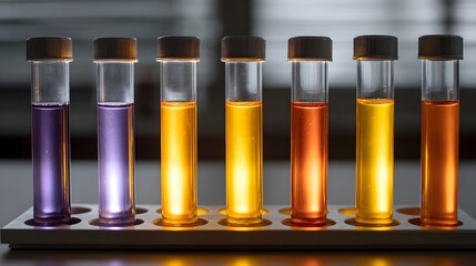 Vibrant colored liquids in test tubes in a laboratory setting illuminated for scientific research