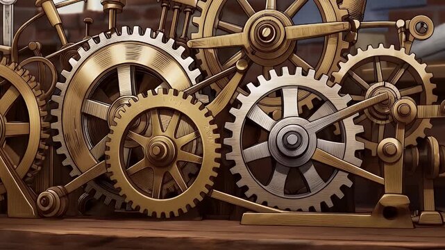 Vintage mechanical gears and cogs working in harmony, representing time and precision