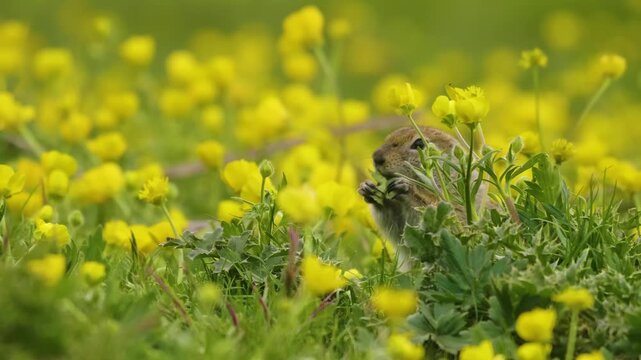 Close-up footage of a wild European ground squirrel (Spermophilus citellus), also known as the European souslik, foraging in a vibrant meadow full of yellow flowers. The cute rodent is seen actively e