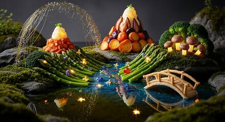 Artistic culinary landscape display with vegetable and fruit arrangements