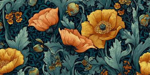  vintage-inspired floral pattern featuring vibrant poppies and intricate foliage. The design is characterized by its rich, earthy color palette, with dominant hues of orange, yellow, and green.
