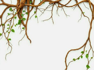 Twisted Vine Branches Frame with Fresh Green Leaves on White Background. Generative AI. 