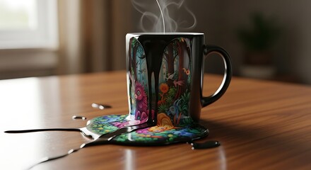 Artistic mug with vibrant design and flowing liquid on a wooden surface