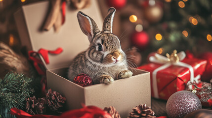 Little bunny sitting inside a festive gift box surrounded by Christmas decorations and warm lights, cozy holiday atmosphere and adorable animal