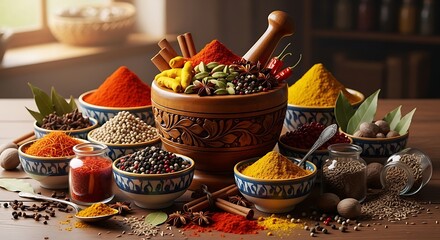 Assorted spices and herbs artfully arranged in bowls on a wooden table