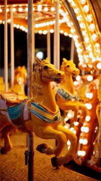 tennessine. A vibrant carousel at night with colorful horses and festive lights. wildlife magazines, conservation campaigns, designed for wildlife conservation campaigns.

