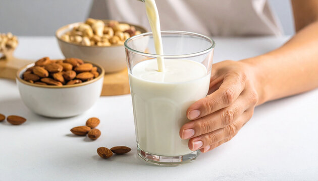 A hand pours creamy plant based milk into a glass with bowls of almonds and nuts suggesting a healthy natural beverage option