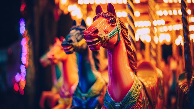 tennessine. A vibrant carousel at night with colorful horses and festive lights. wildlife magazines, conservation campaigns, designed for wildlife conservation campaigns.
